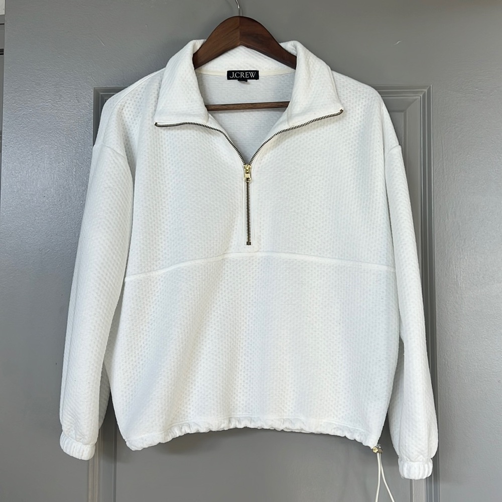 J. Crew Terry Half Zip Pointelle White Drawstring Sweatshirt size XS